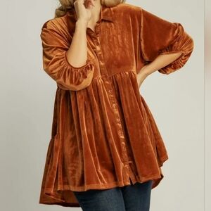 💎 Umgee Velvet Boho Oversized Top Peplum Babydoll Tunic Velour Button-Up Dress